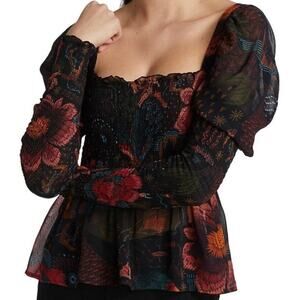 NEW FARM Rio Black River Creatures Smocked Floral Square Neck Chiffon Blouse XS